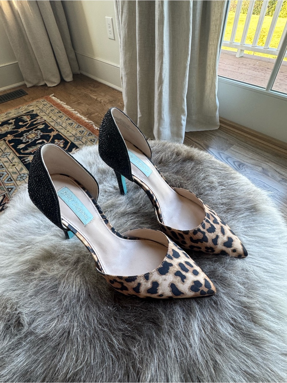 Betsey Johnson  Leopard Print Pointed D'Orsay Heels with Black Beaded heel